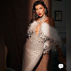 Russell Halterneck Rhinestone Feather Maxi Dress-L